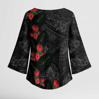 Hawaiian Taro Leaves and Ohia Lehua Kimono Sleeve Blouse Polynesian Tribal Art Tropical Plants Motifs Grayscale