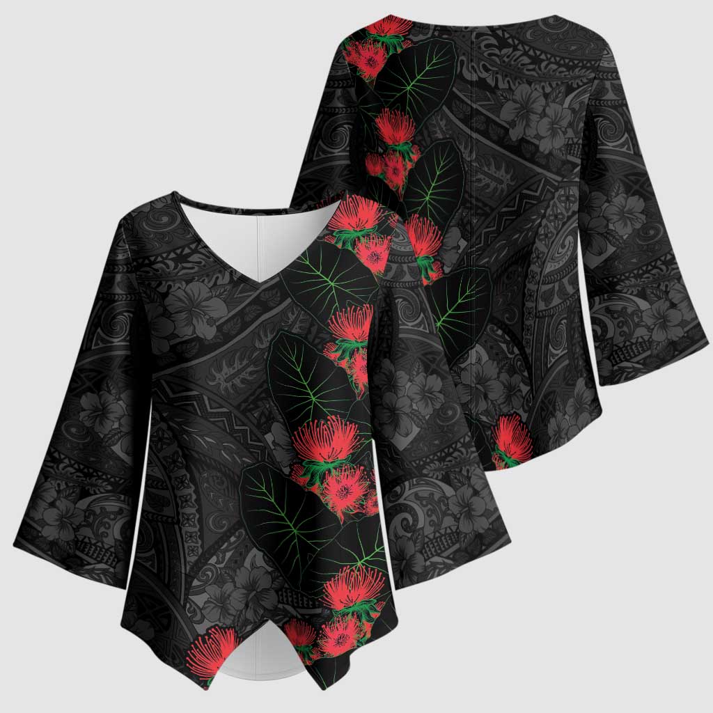 Hawaiian Taro Leaves and Ohia Lehua Kimono Sleeve Blouse Polynesian Tribal Art Tropical Plants Motifs Grayscale