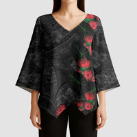 Hawaiian Taro Leaves and Ohia Lehua Kimono Sleeve Blouse Polynesian Tribal Art Tropical Plants Motifs Grayscale