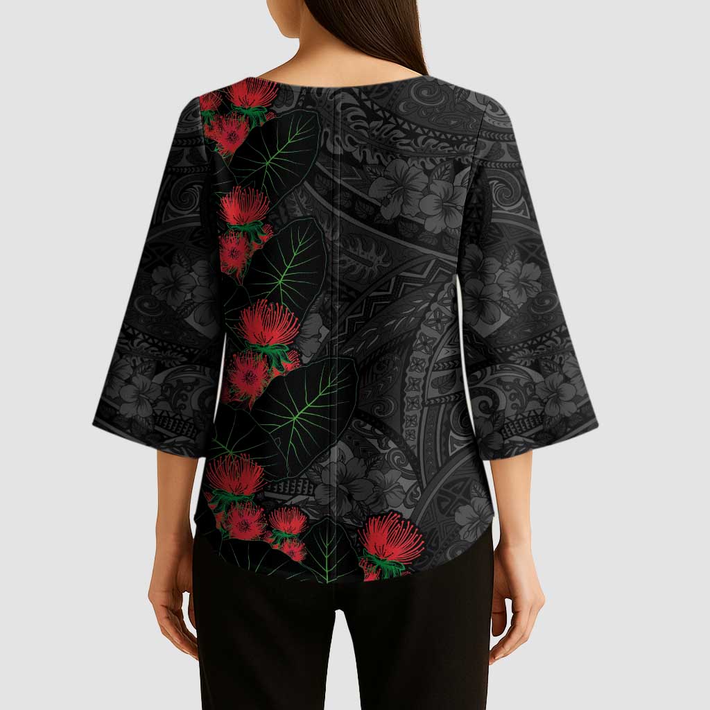 Hawaiian Taro Leaves and Ohia Lehua Kimono Sleeve Blouse Polynesian Tribal Art Tropical Plants Motifs Grayscale