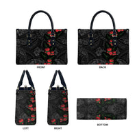 Hawaiian Taro Leaves and Ohia Lehua Leather Bag Polynesian Tribal Art Tropical Plants Motifs Grayscale