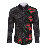 Hawaiian Taro Leaves and Ohia Lehua Long Sleeve Button Shirt Polynesian Tribal Art Tropical Plants Motifs Grayscale