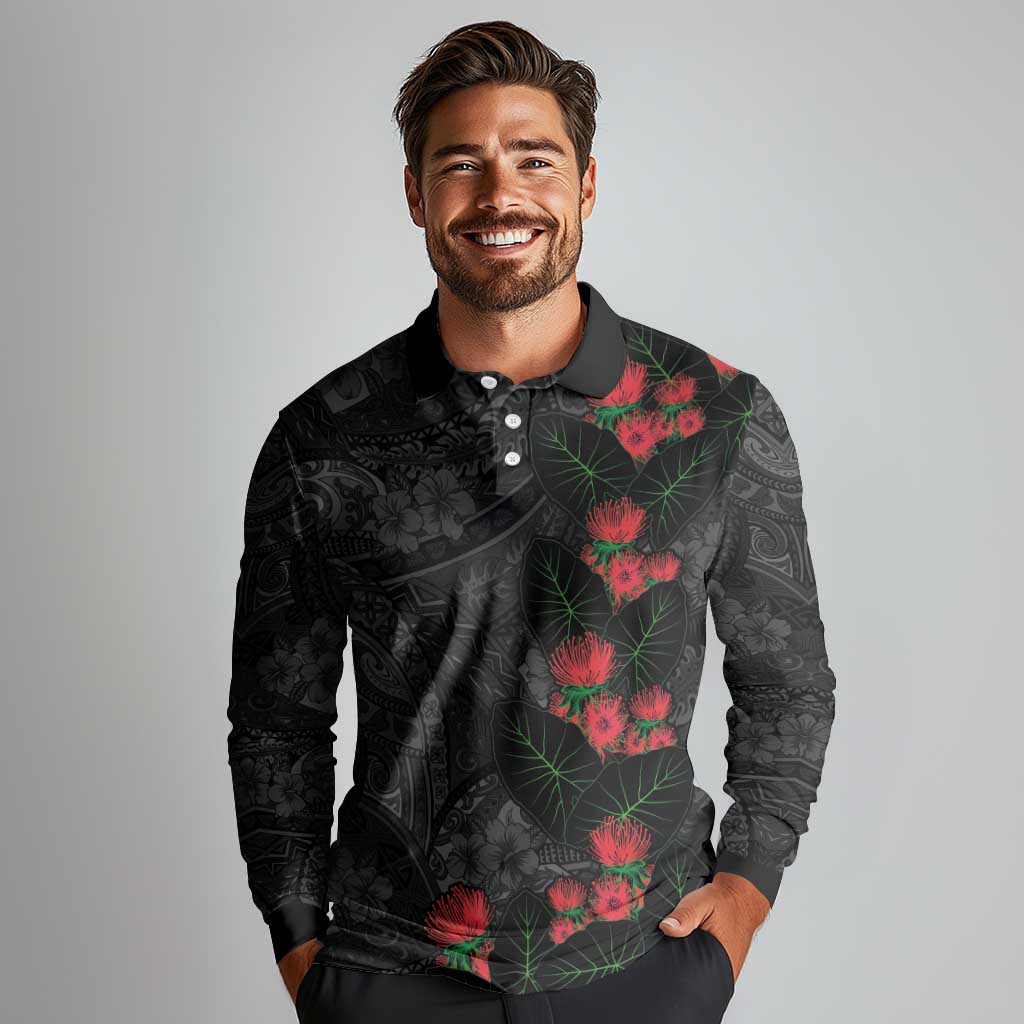 Hawaiian Taro Leaves and Ohia Lehua Long Sleeve Polo Shirt Polynesian Tribal Art Tropical Plants Motifs Grayscale