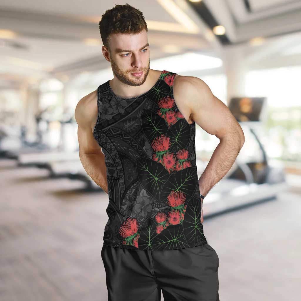 Hawaiian Taro Leaves and Ohia Lehua Men Tank Top Polynesian Tribal Art Tropical Plants Motifs Grayscale
