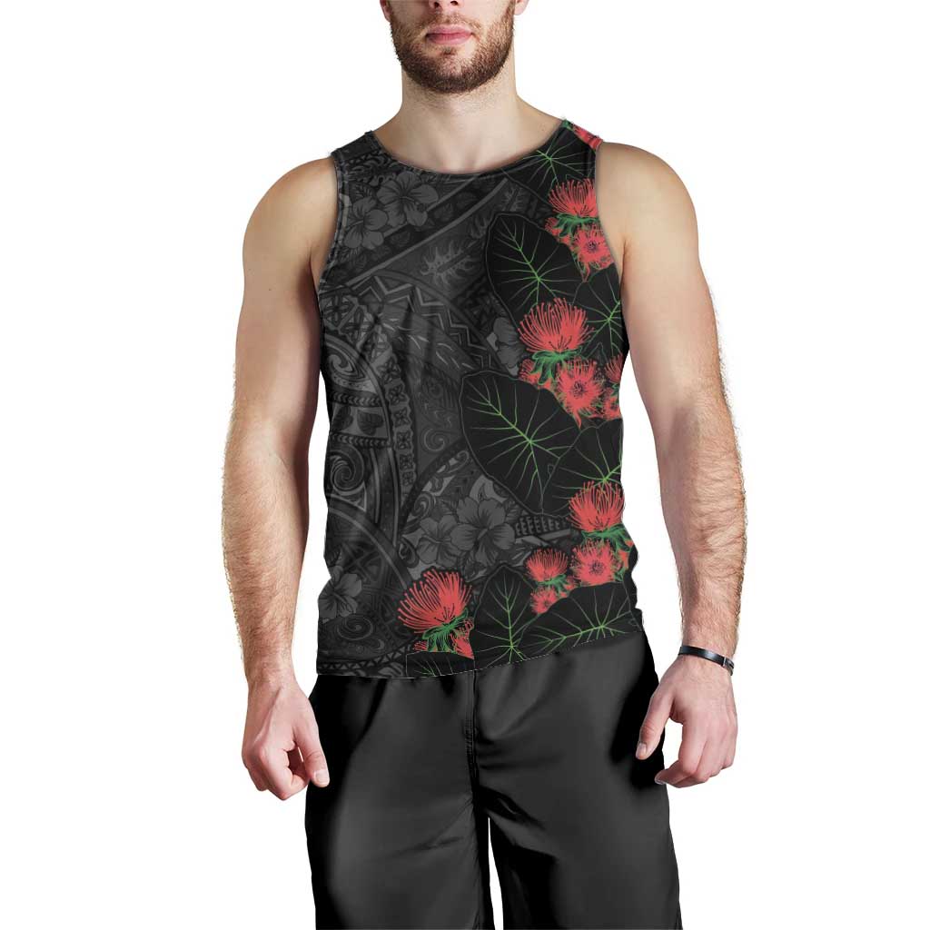 Hawaiian Taro Leaves and Ohia Lehua Men Tank Top Polynesian Tribal Art Tropical Plants Motifs Grayscale