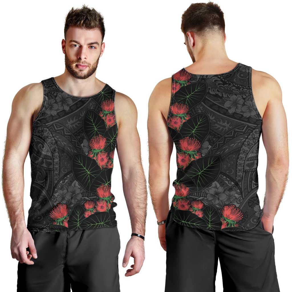 Hawaiian Taro Leaves and Ohia Lehua Men Tank Top Polynesian Tribal Art Tropical Plants Motifs Grayscale