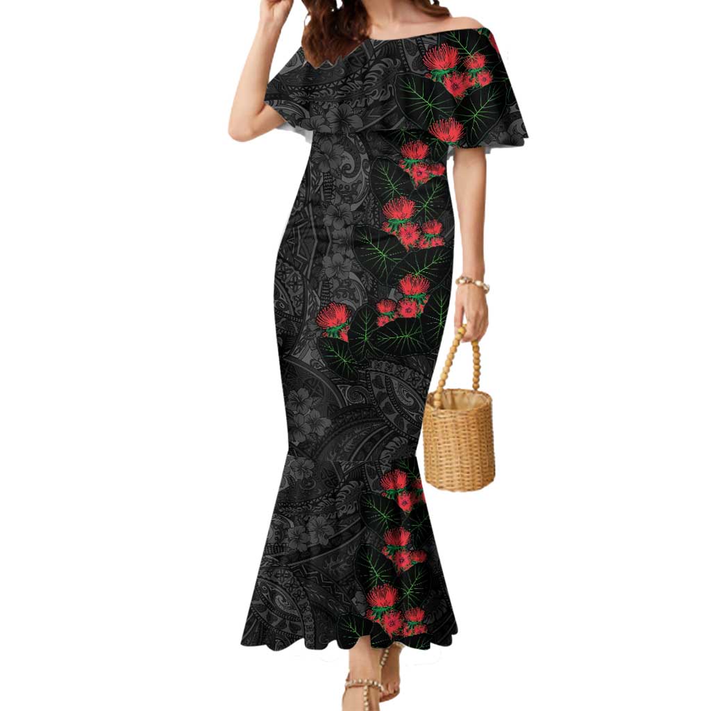 Hawaiian Taro Leaves and Ohia Lehua Mermaid Dress Polynesian Tribal Art Tropical Plants Motifs Grayscale