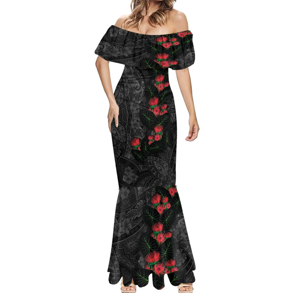 Hawaiian Taro Leaves and Ohia Lehua Mermaid Dress Polynesian Tribal Art Tropical Plants Motifs Grayscale