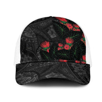 Hawaiian Taro Leaves and Ohia Lehua Mesh Trucker Cap Polynesian Tribal Art Tropical Plants Motifs Grayscale