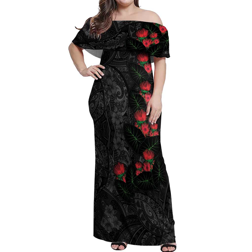 Hawaiian Taro Leaves and Ohia Lehua Off Shoulder Maxi Dress Polynesian Tribal Art Tropical Plants Motifs Grayscale LT03 Women Multicolor - Polynesian Pride