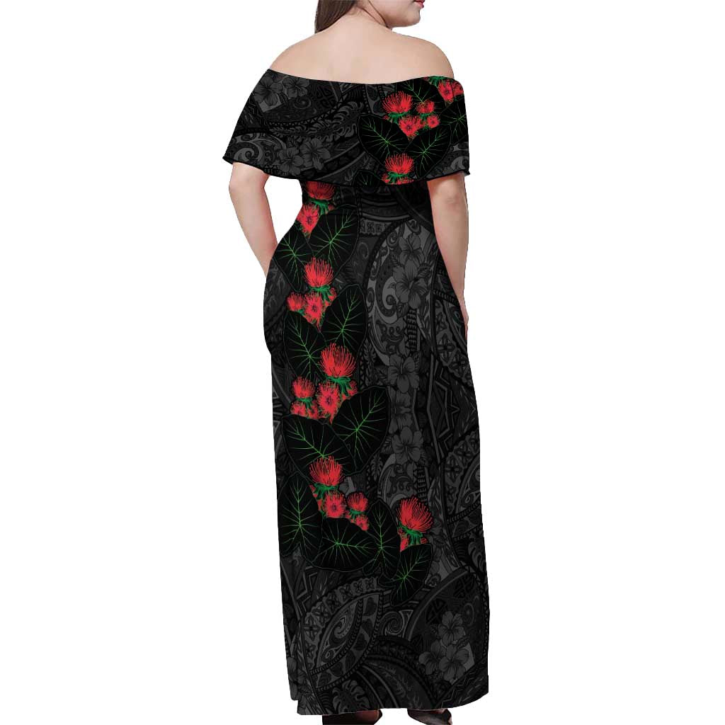Hawaiian Taro Leaves and Ohia Lehua Off Shoulder Maxi Dress Polynesian Tribal Art Tropical Plants Motifs Grayscale LT03 - Polynesian Pride
