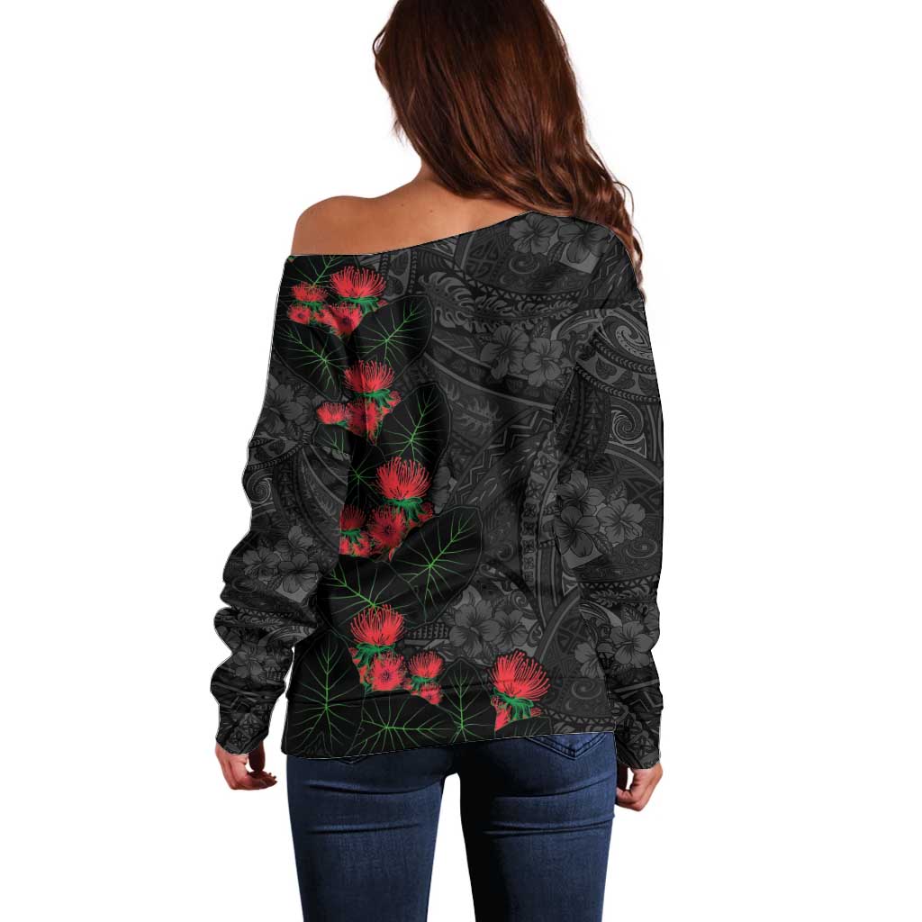 Hawaiian Taro Leaves and Ohia Lehua Off Shoulder Sweater Polynesian Tribal Art Tropical Plants Motifs Grayscale