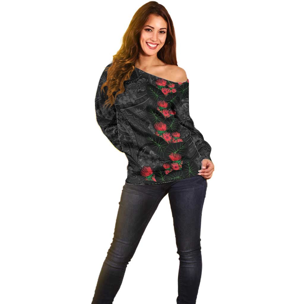 Hawaiian Taro Leaves and Ohia Lehua Off Shoulder Sweater Polynesian Tribal Art Tropical Plants Motifs Grayscale