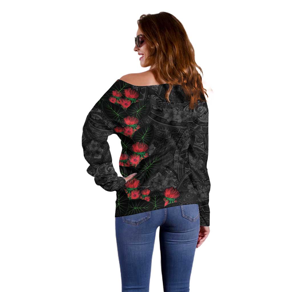 Hawaiian Taro Leaves and Ohia Lehua Off Shoulder Sweater Polynesian Tribal Art Tropical Plants Motifs Grayscale