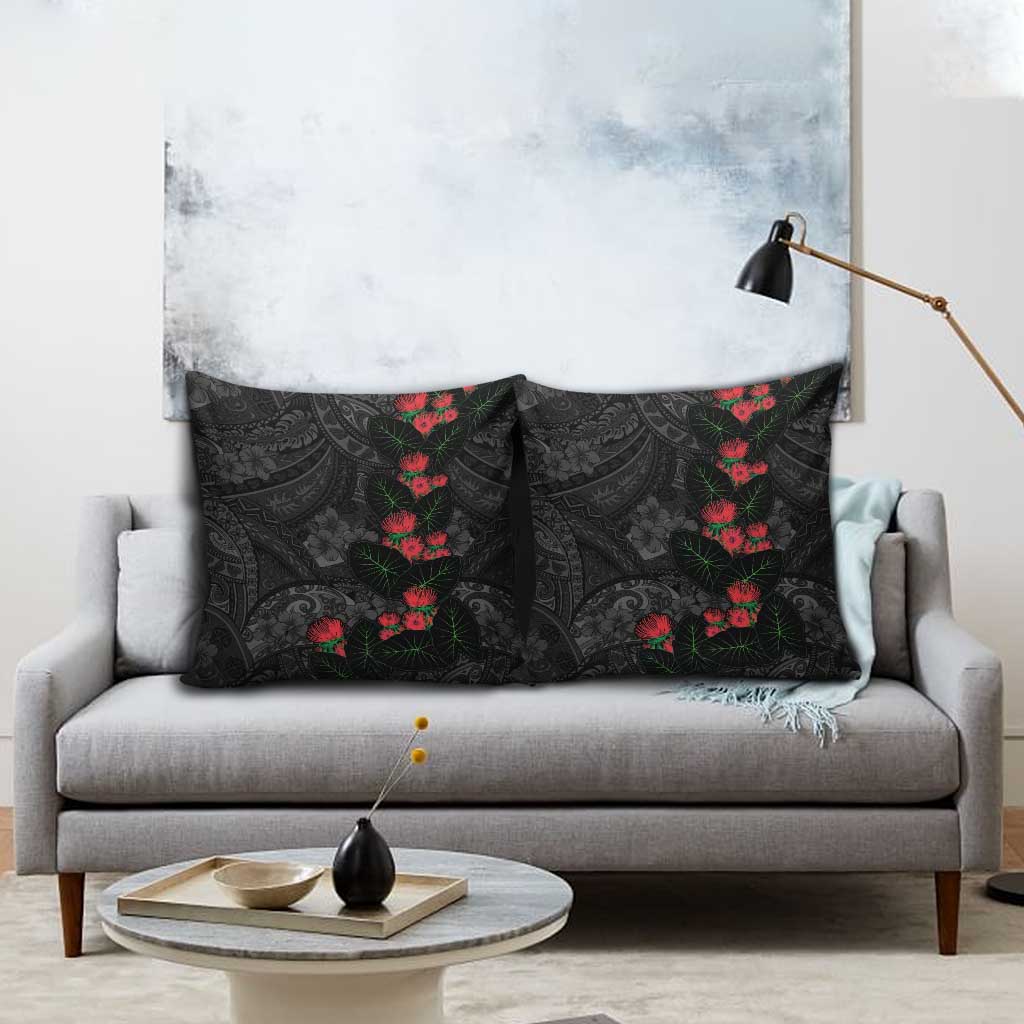 Hawaiian Taro Leaves and Ohia Lehua Pillow Cover Polynesian Tribal Art Tropical Plants Motifs Grayscale