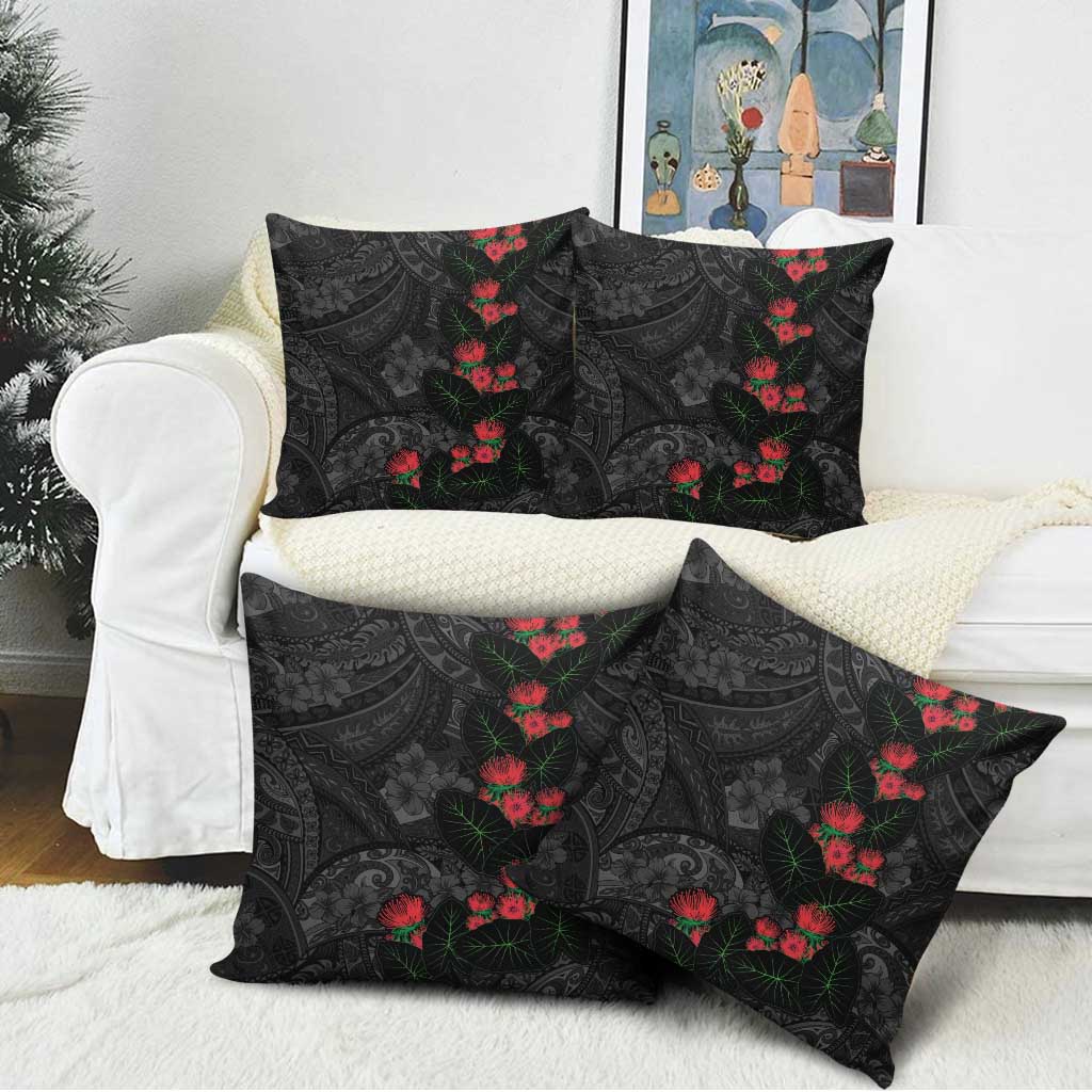 Hawaiian Taro Leaves and Ohia Lehua Pillow Cover Polynesian Tribal Art Tropical Plants Motifs Grayscale