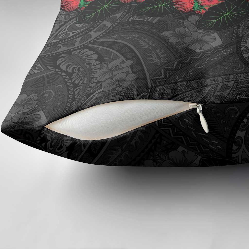 Hawaiian Taro Leaves and Ohia Lehua Pillow Cover Polynesian Tribal Art Tropical Plants Motifs Grayscale