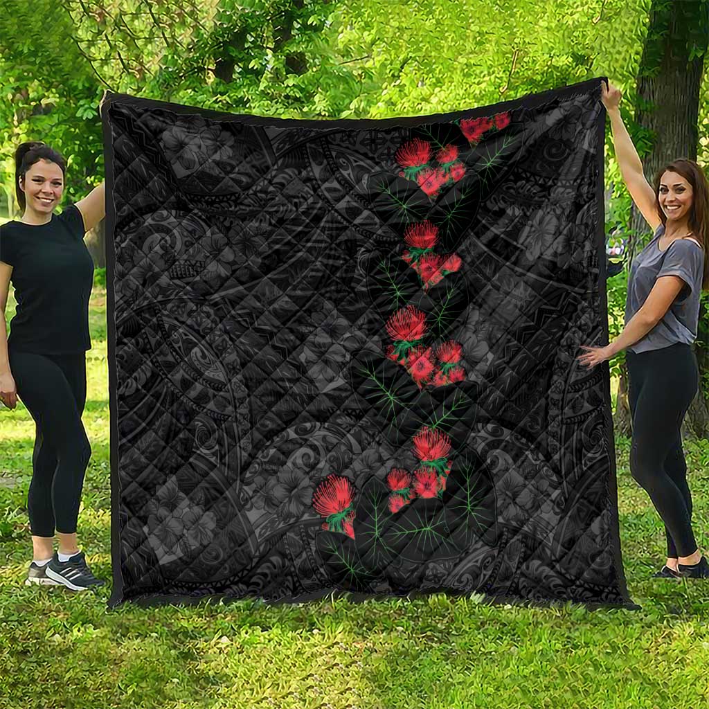 Hawaiian Taro Leaves and Ohia Lehua Quilt Polynesian Tribal Art Tropical Plants Motifs Grayscale