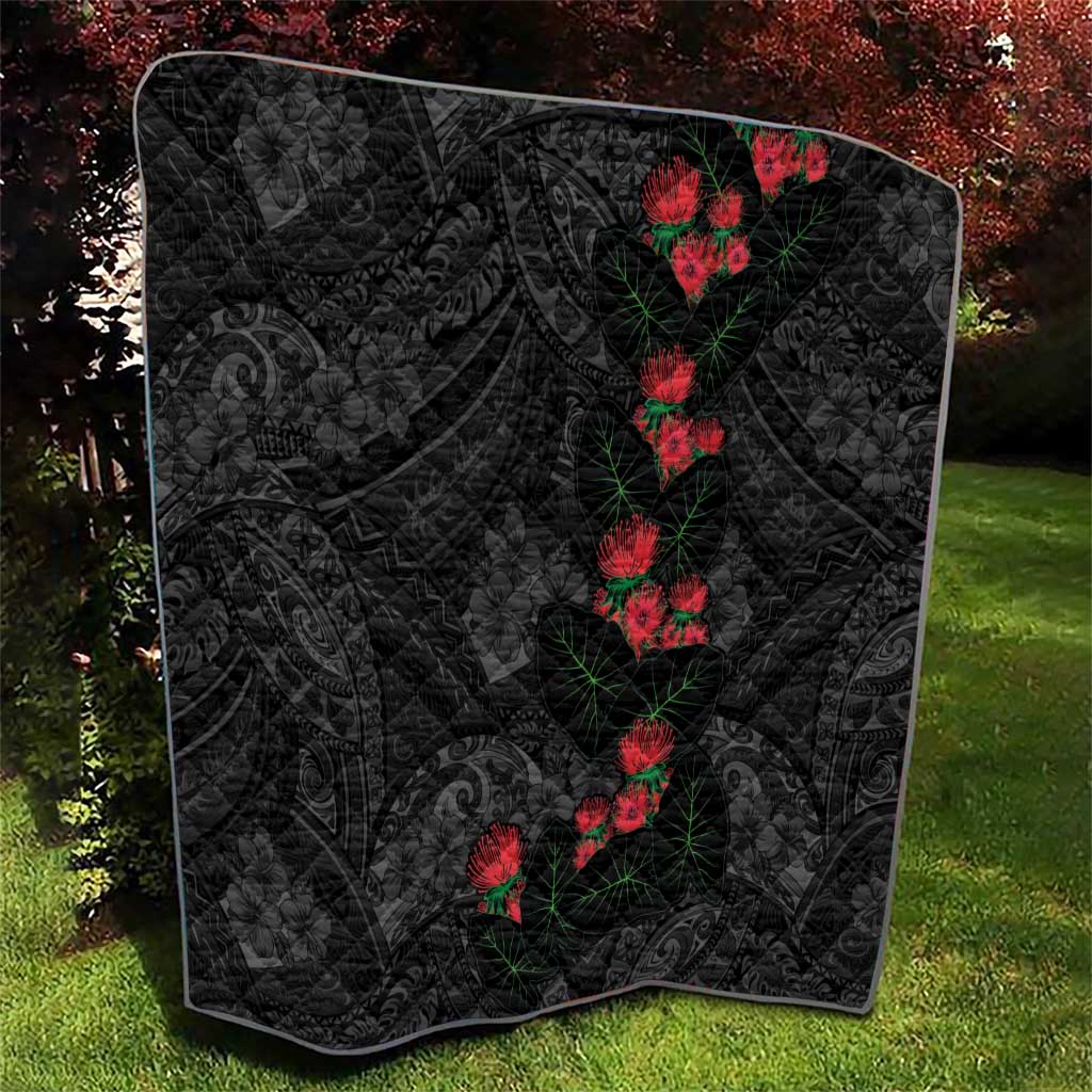 Hawaiian Taro Leaves and Ohia Lehua Quilt Polynesian Tribal Art Tropical Plants Motifs Grayscale