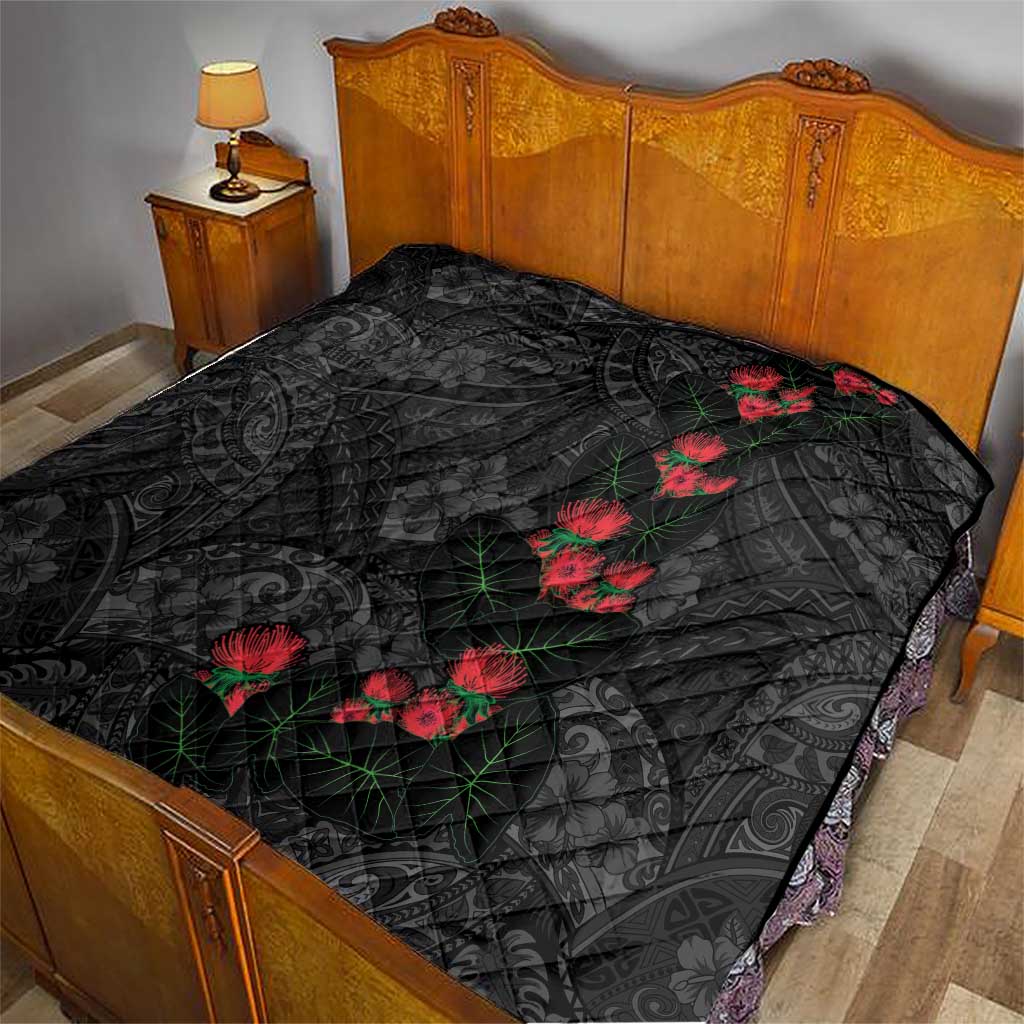 Hawaiian Taro Leaves and Ohia Lehua Quilt Polynesian Tribal Art Tropical Plants Motifs Grayscale