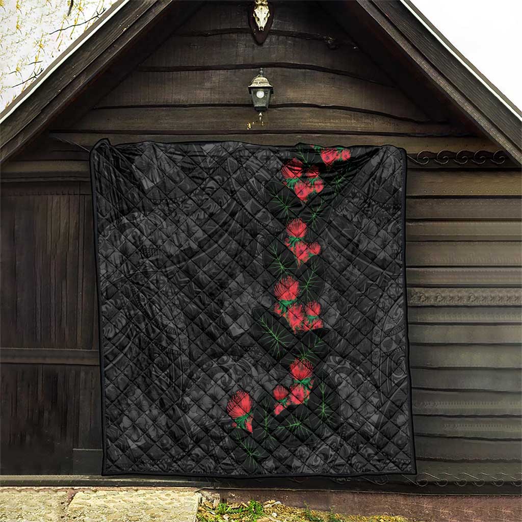 Hawaiian Taro Leaves and Ohia Lehua Quilt Polynesian Tribal Art Tropical Plants Motifs Grayscale