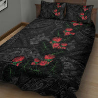 Hawaiian Taro Leaves and Ohia Lehua Quilt Bed Set Polynesian Tribal Art Tropical Plants Motifs Grayscale