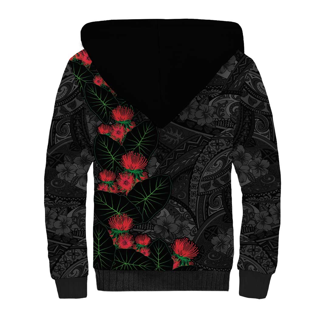 Hawaiian Taro Leaves and Ohia Lehua Sherpa Hoodie Polynesian Tribal Art Tropical Plants Motifs Grayscale