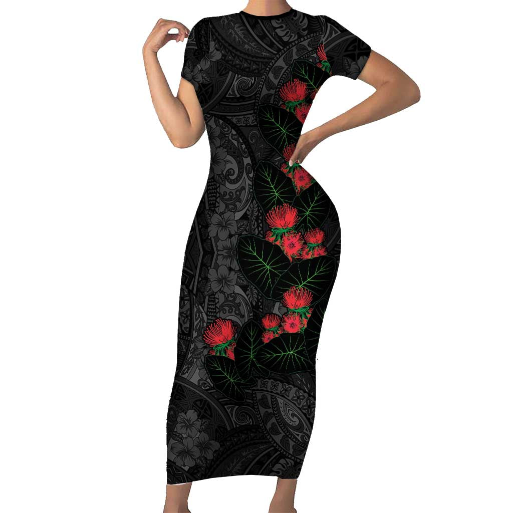 Hawaiian Taro Leaves and Ohia Lehua Short Sleeve Bodycon Dress Polynesian Tribal Art Tropical Plants Motifs Grayscale