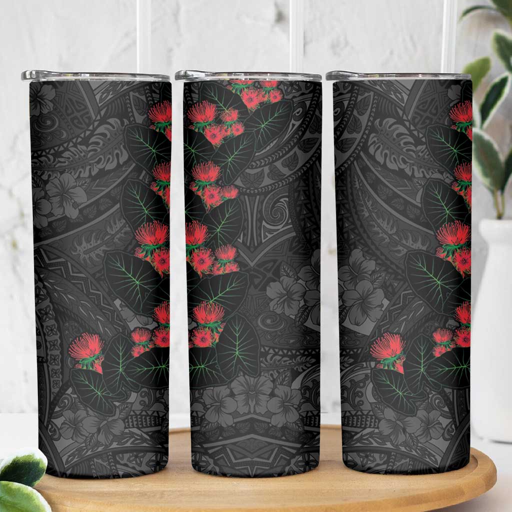 Hawaiian Taro Leaves and Ohia Lehua Skinny Tumbler Polynesian Tribal Art Tropical Plants Motifs Grayscale