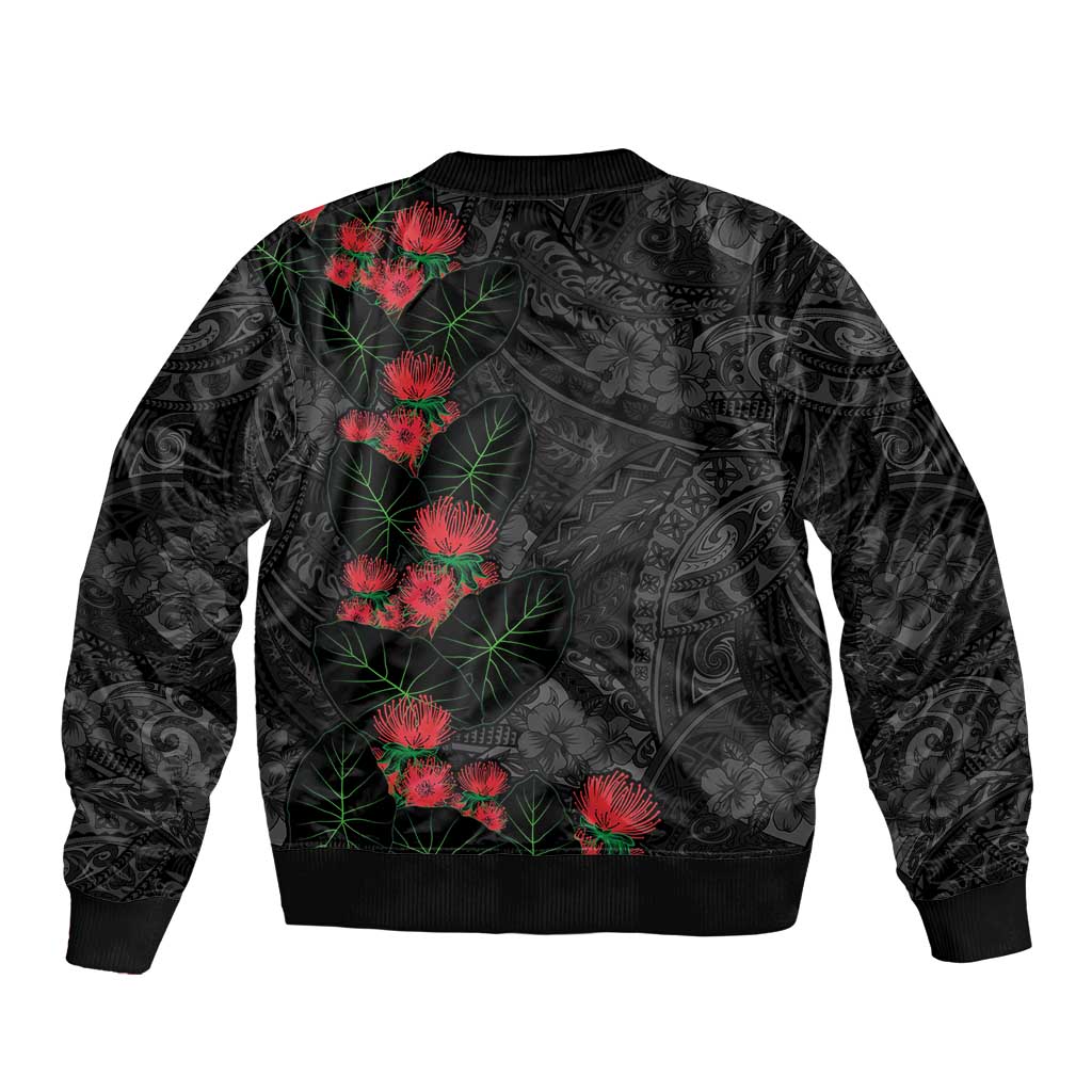 Hawaiian Taro Leaves and Ohia Lehua Sleeve Zip Bomber Jacket Polynesian Tribal Art Tropical Plants Motifs Grayscale