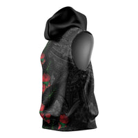 Hawaiian Taro Leaves and Ohia Lehua Sleeveless Hoodie Polynesian Tribal Art Tropical Plants Motifs Grayscale