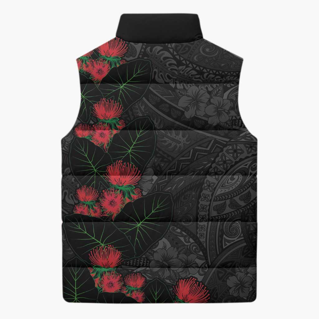 Hawaiian Taro Leaves and Ohia Lehua Sleeveless Puffer Jacket Polynesian Tribal Art Tropical Plants Motifs Grayscale