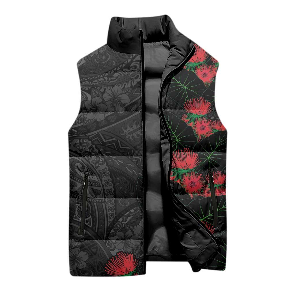 Hawaiian Taro Leaves and Ohia Lehua Sleeveless Puffer Jacket Polynesian Tribal Art Tropical Plants Motifs Grayscale