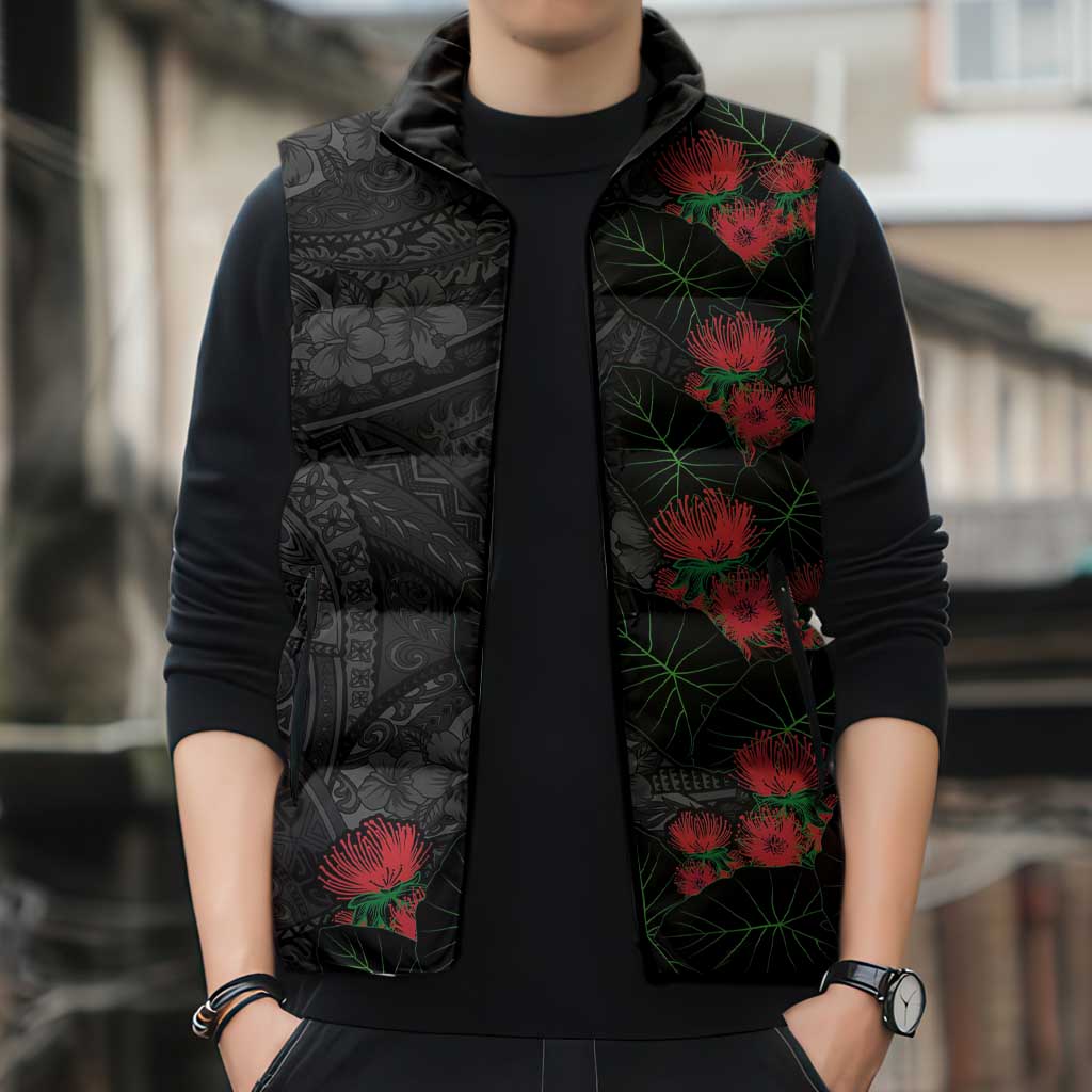 Hawaiian Taro Leaves and Ohia Lehua Sleeveless Puffer Jacket Polynesian Tribal Art Tropical Plants Motifs Grayscale