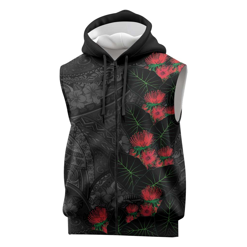 Hawaiian Taro Leaves and Ohia Lehua Sleeveless Zip Hoodie Polynesian Tribal Art Tropical Plants Motifs Grayscale