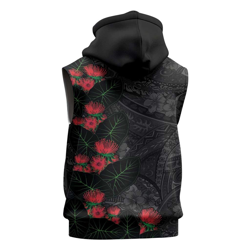 Hawaiian Taro Leaves and Ohia Lehua Sleeveless Zip Hoodie Polynesian Tribal Art Tropical Plants Motifs Grayscale