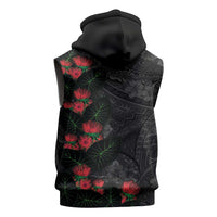 Hawaiian Taro Leaves and Ohia Lehua Sleeveless Zip Hoodie Polynesian Tribal Art Tropical Plants Motifs Grayscale