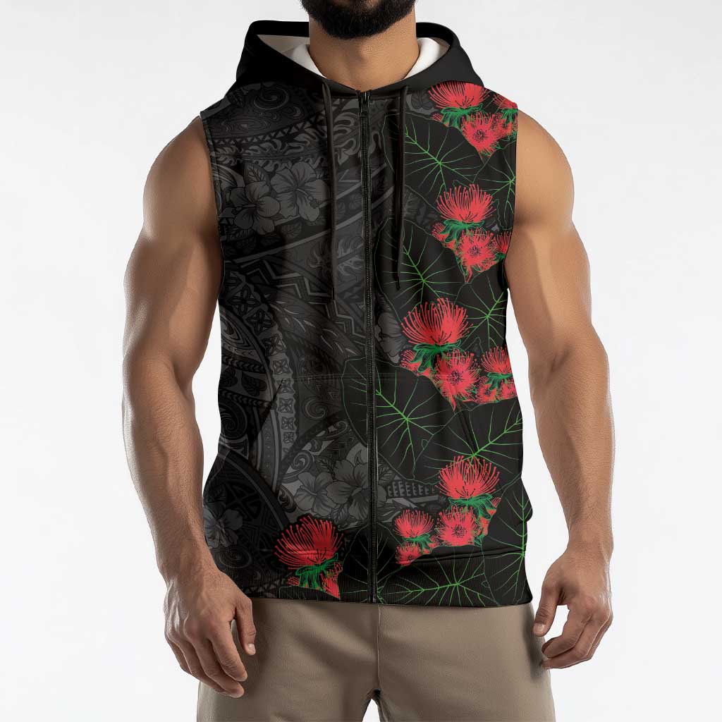 Hawaiian Taro Leaves and Ohia Lehua Sleeveless Zip Hoodie Polynesian Tribal Art Tropical Plants Motifs Grayscale