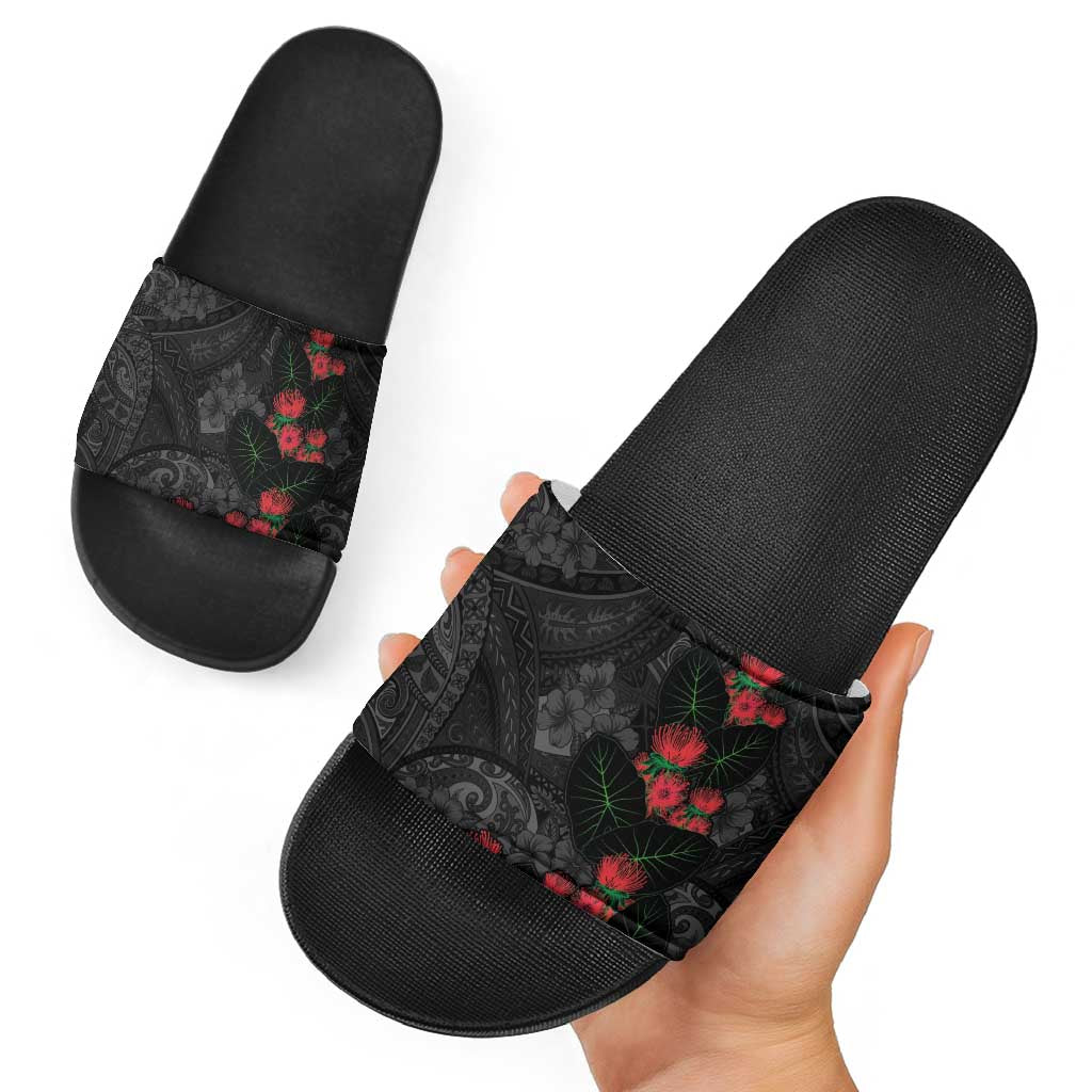 Hawaiian Taro Leaves and Ohia Lehua Slide Sandals Polynesian Tribal Art Tropical Plants Motifs Grayscale