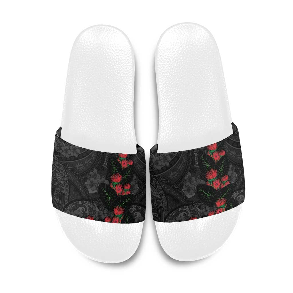 Hawaiian Taro Leaves and Ohia Lehua Slide Sandals Polynesian Tribal Art Tropical Plants Motifs Grayscale
