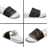 Hawaiian Taro Leaves and Ohia Lehua Slide Sandals Polynesian Tribal Art Tropical Plants Motifs Grayscale