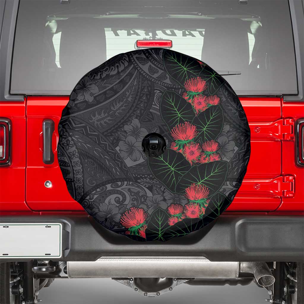 Hawaiian Taro Leaves and Ohia Lehua Spare Tire Cover Polynesian Tribal Art Tropical Plants Motifs Grayscale