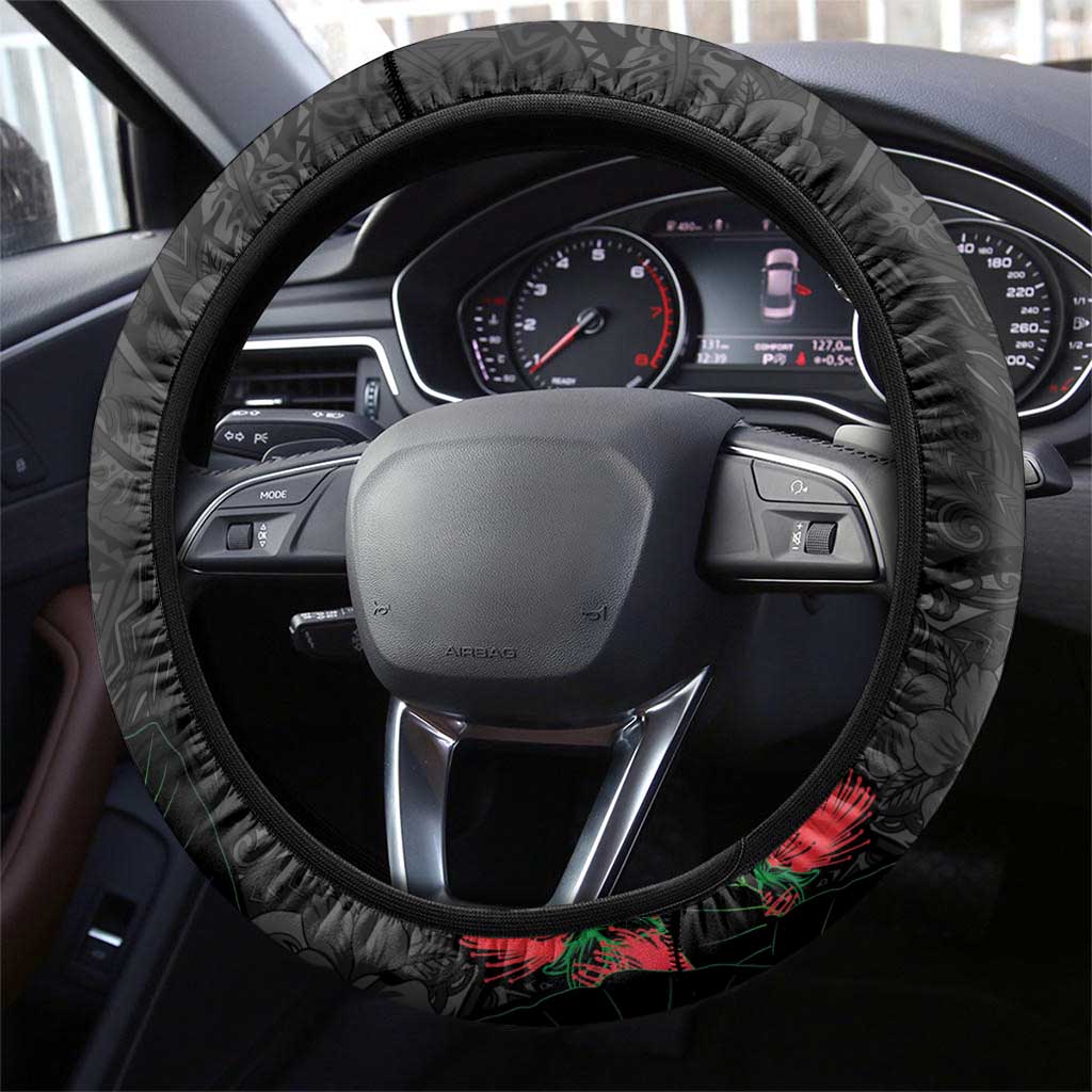 Hawaiian Taro Leaves and Ohia Lehua Steering Wheel Cover Polynesian Tribal Art Tropical Plants Motifs Grayscale