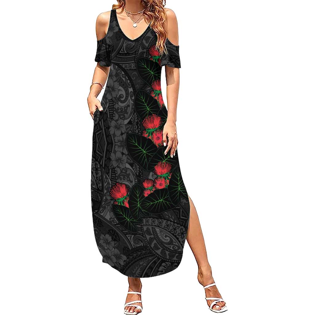 Hawaiian Taro Leaves and Ohia Lehua Summer Maxi Dress Polynesian Tribal Art Tropical Plants Motifs Grayscale LT03 Women Multicolor - Polynesian Pride