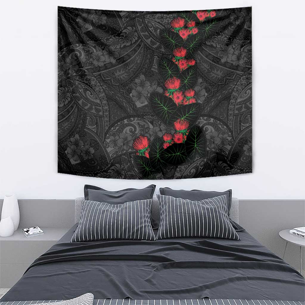 Hawaiian Taro Leaves and Ohia Lehua Tapestry Polynesian Tribal Art Tropical Plants Motifs Grayscale