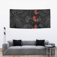 Hawaiian Taro Leaves and Ohia Lehua Tapestry Polynesian Tribal Art Tropical Plants Motifs Grayscale
