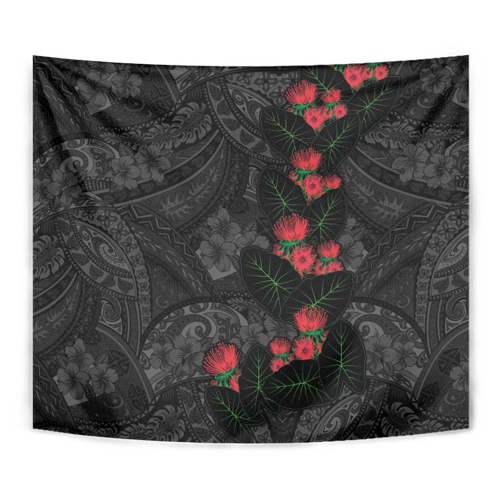 Hawaiian Taro Leaves and Ohia Lehua Tapestry Polynesian Tribal Art Tropical Plants Motifs Grayscale