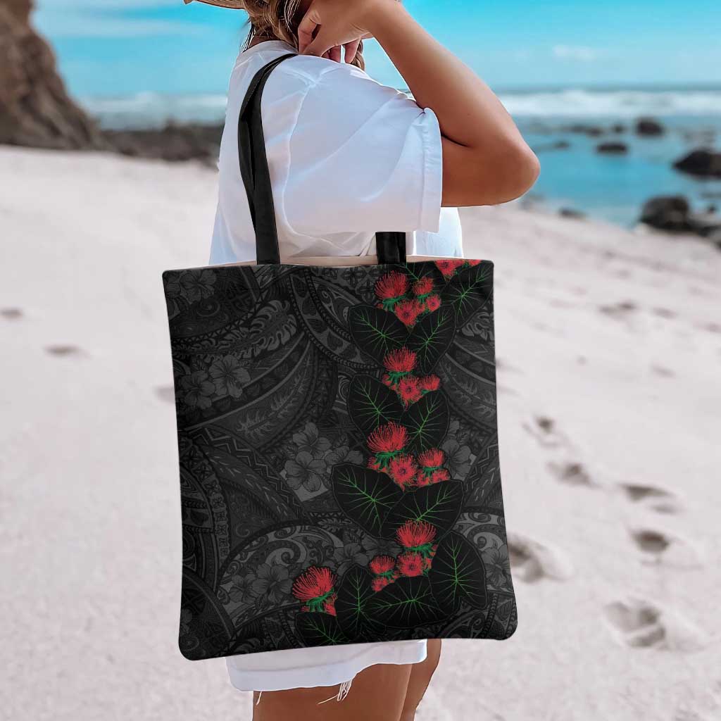 Hawaiian Taro Leaves and Ohia Lehua Tote Bag Polynesian Tribal Art Tropical Plants Motifs Grayscale