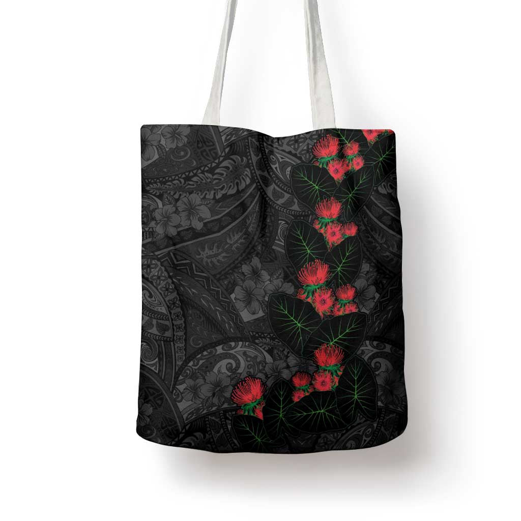 Hawaiian Taro Leaves and Ohia Lehua Tote Bag Polynesian Tribal Art Tropical Plants Motifs Grayscale