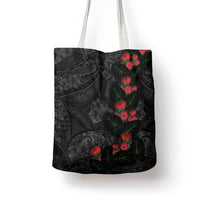 Hawaiian Taro Leaves and Ohia Lehua Tote Bag Polynesian Tribal Art Tropical Plants Motifs Grayscale